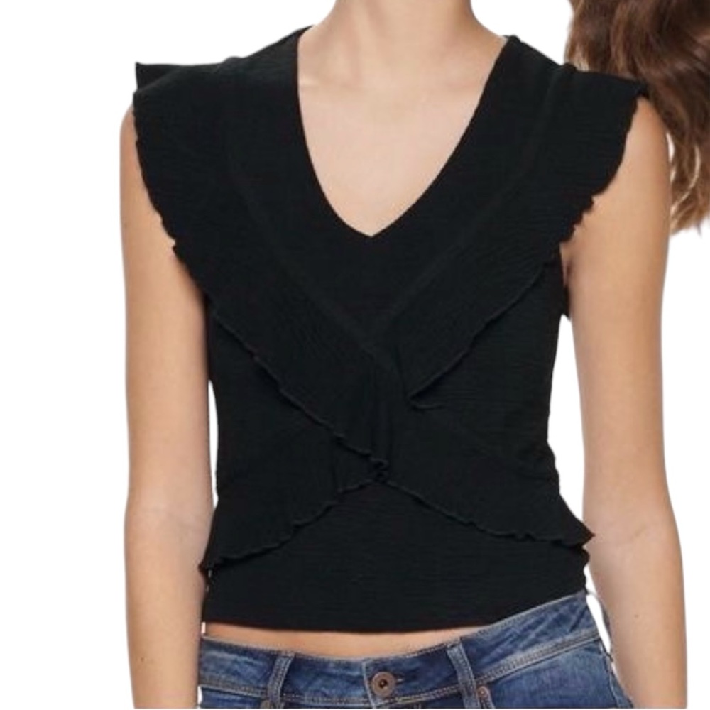 American Rag Black Ruffle V-Neck Stretch Blouse Top Small Feminine Y2K